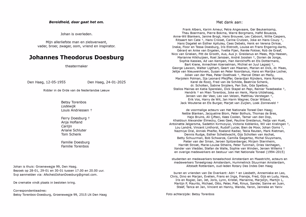 Rouwbericht johannes theodorus doesburg theatermaker 1955-2023 met dank aan familie bezoek uitvaart adres groeneweg den haag